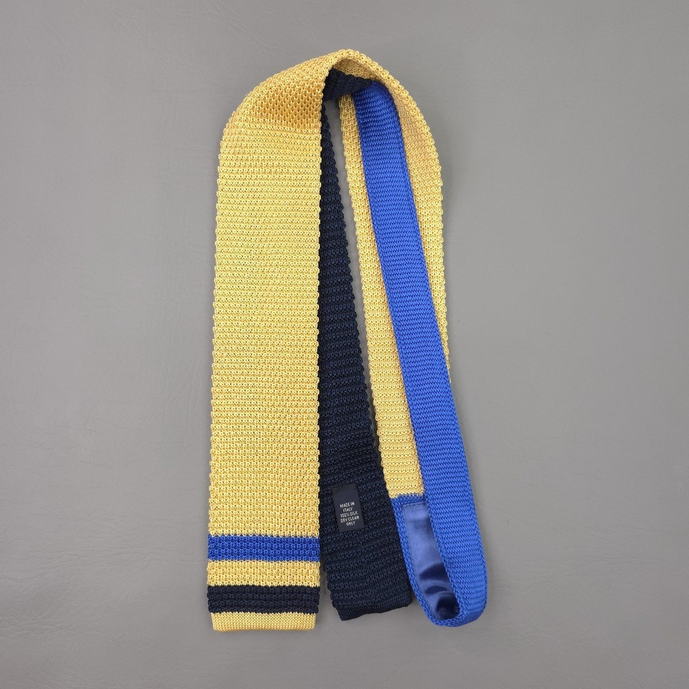 Dillards Tie Mens Yellow Blue Knit Square Tip Silk Skinny Made Italy Preppy Ivy